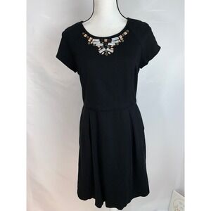 Banana Republic Jeweled Neck Black Ponte Dress Size 8 Short Sleeve‎ Shift